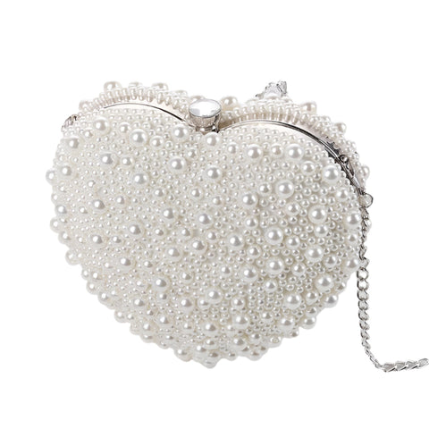 Beaded Faux Pearl Heart Shape Wedding Evening Clutch Shoulder Bag Chain White