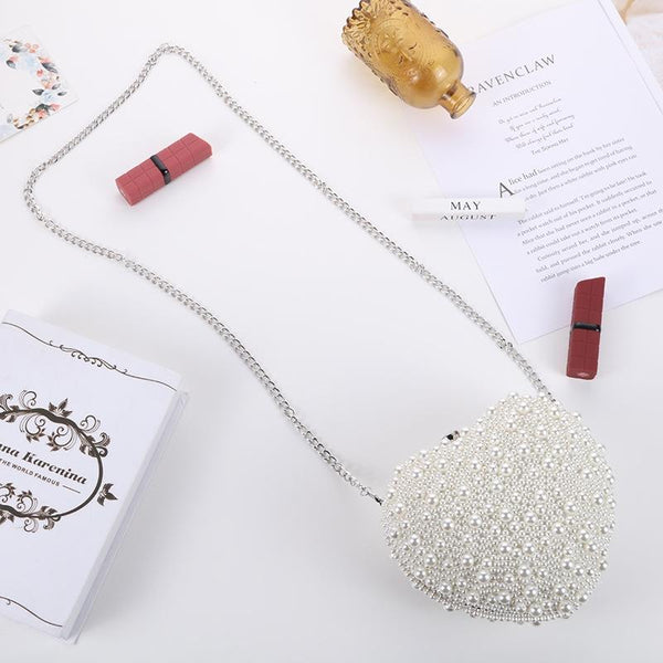Beaded Faux Pearl Heart Shape Wedding Evening Clutch Shoulder Bag Chain White