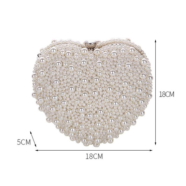 Beaded Faux Pearl Heart Shape Wedding Evening Clutch Shoulder Bag Chain White