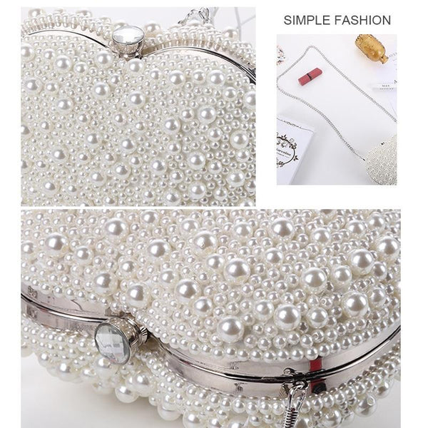 Beaded Faux Pearl Heart Shape Wedding Evening Clutch Shoulder Bag Chain White