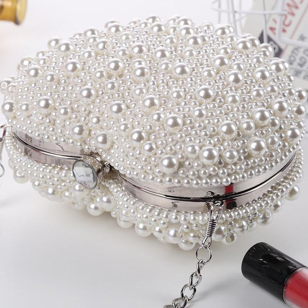 Beaded Faux Pearl Heart Shape Wedding Evening Clutch Shoulder Bag Chain White