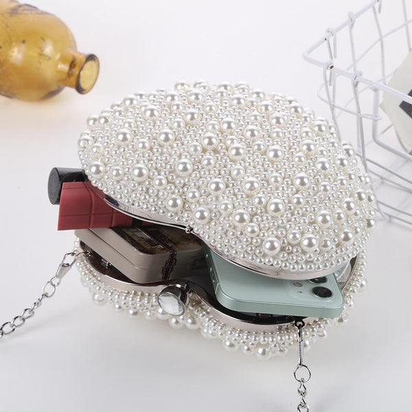 Beaded Faux Pearl Heart Shape Wedding Evening Clutch Shoulder Bag Chain White