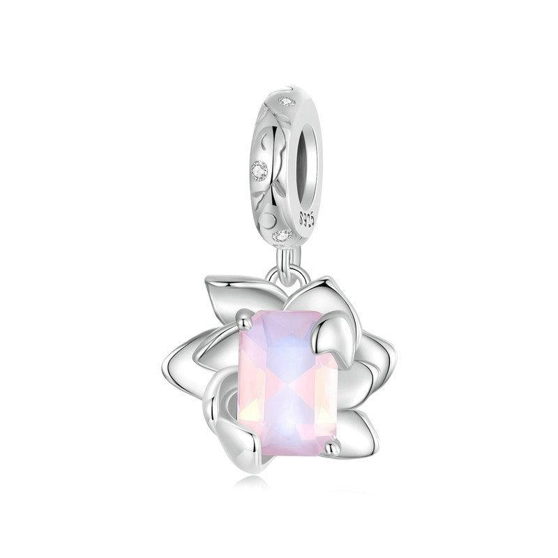 Lotus Flower Glass Sterling Silver CZ Bead Charm Bracelet Necklace