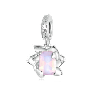 Lotus Flower Glass Sterling Silver CZ Bead Charm Bracelet Necklace