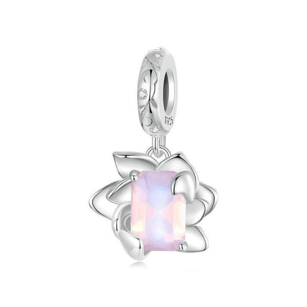 Lotus Flower Glass Sterling Silver CZ Bead Charm Bracelet Necklace