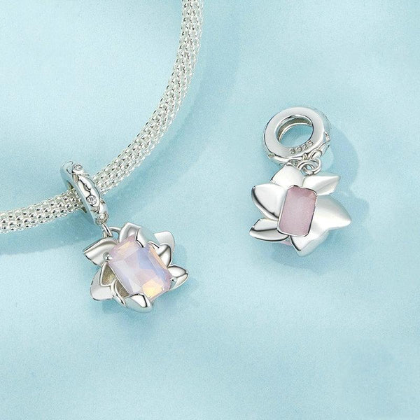 Lotus Flower Glass Sterling Silver CZ Bead Charm Bracelet Necklace