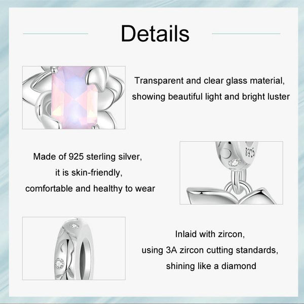 Lotus Flower Glass Sterling Silver CZ Bead Charm Bracelet Necklace