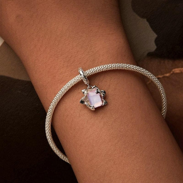 Lotus Flower Glass Sterling Silver CZ Bead Charm Bracelet Necklace
