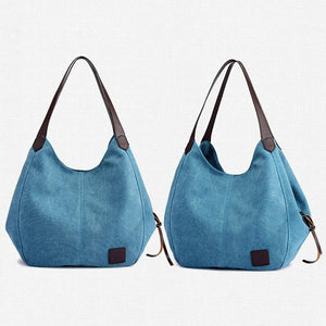 1 x Womens Casual Canvas Bucket Tote Shoulder Bag Multi Pocket Lake Blue