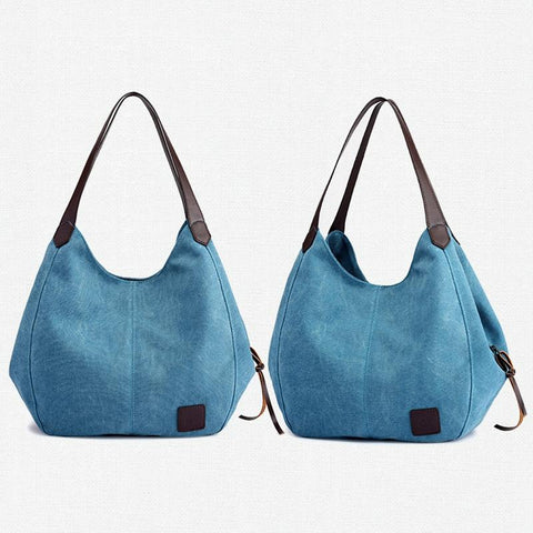 1 x Womens Casual Canvas Bucket Tote Shoulder Bag Multi Pocket Lake Blue