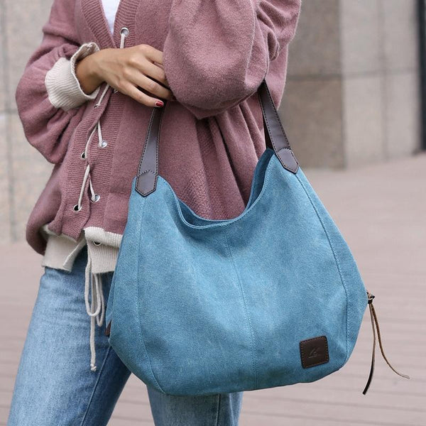 1 x Womens Casual Canvas Bucket Tote Shoulder Bag Multi Pocket Lake Blue