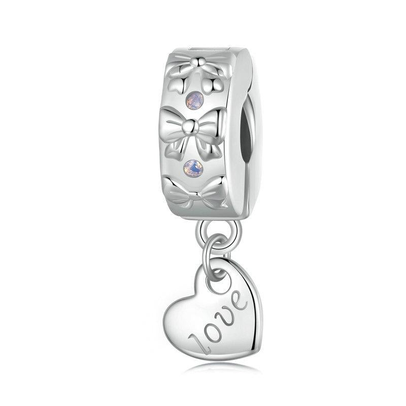 Love Heart Bows Plated Sterling Silver Opal Look Bead Charm Bracelet Necklace