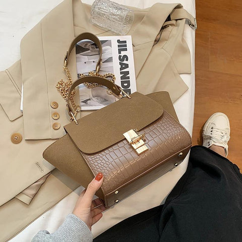 Frosted Crocodile Wing Shape Faux PU Leather Crossbody Bag Handbag Chain Khaki