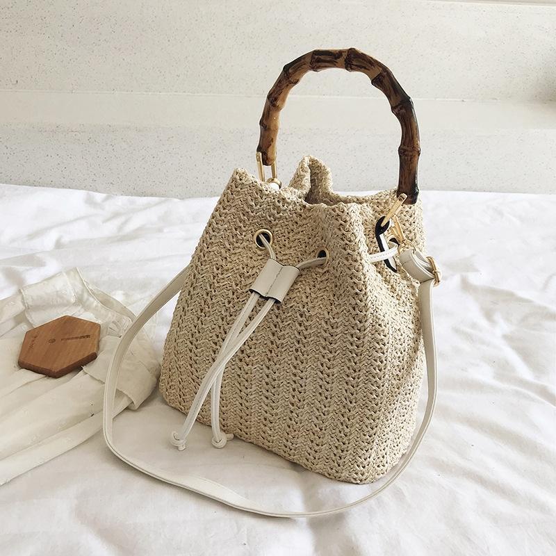 Handwoven Bucket Shoulder Strap Bag Handbag Bamboo Handle Off White