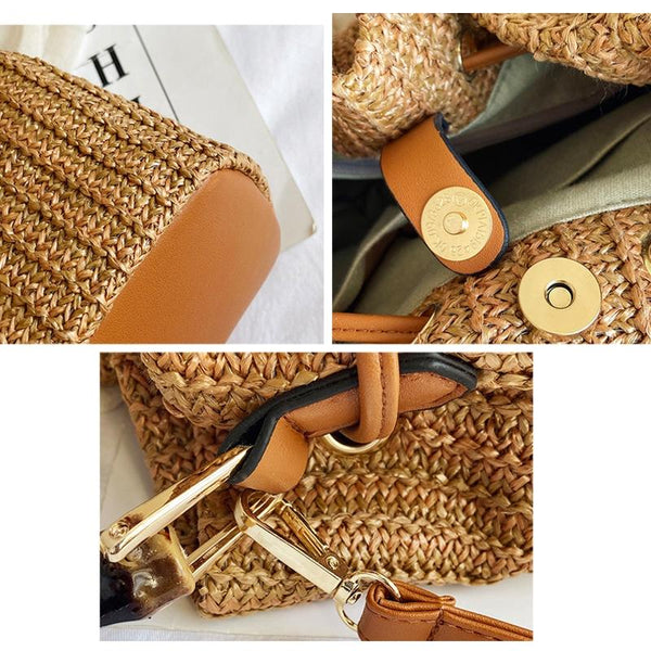 Handwoven Bucket Shoulder Strap Bag Handbag Bamboo Handle Off White