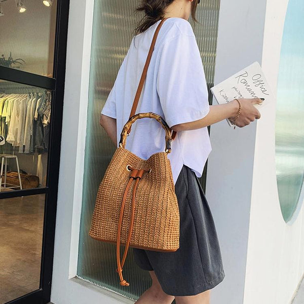 Handwoven Bucket Shoulder Strap Bag Handbag Bamboo Handle Off White