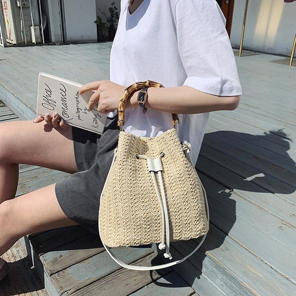 Handwoven Bucket Shoulder Strap Bag Handbag Bamboo Handle Off White