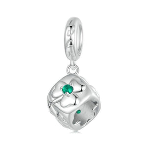 Lucky Clover Dice Platinum Plated Sterling Silver CZ Bead Charm Bracelet Necklace