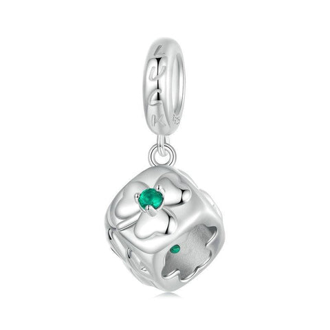 Lucky Clover Dice Platinum Plated Sterling Silver CZ Bead Charm Bracelet Necklace