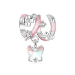 Butterfly Flowers Enamel Sterling Silver Bead Charm Bracelet Necklace Pendant