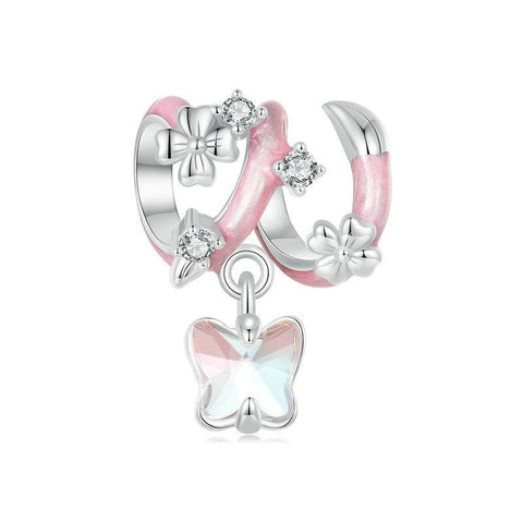 Butterfly Flowers Enamel Sterling Silver Bead Charm Bracelet Necklace Pendant