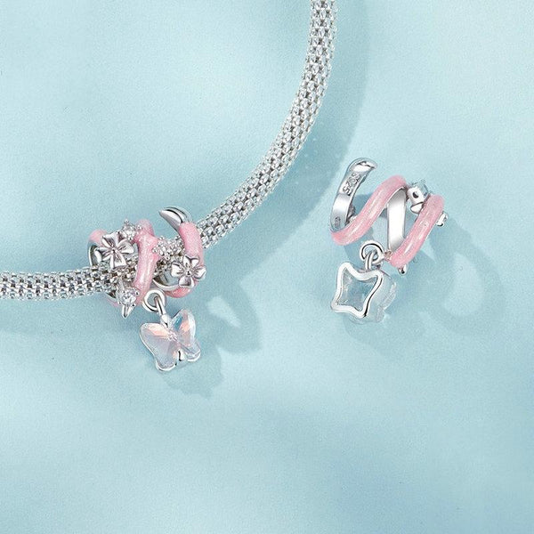Butterfly Flowers Enamel Sterling Silver Bead Charm Bracelet Necklace Pendant