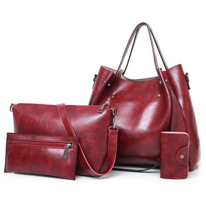 4 Pce PU Leather Tote Shoulder Crossbody Clutch Bag Handbag Purse Set Red Wine