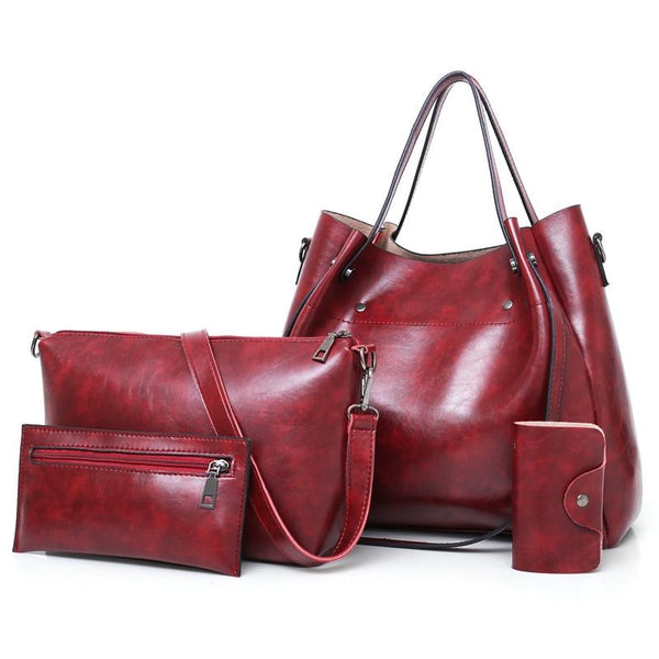 4 Pce PU Leather Tote Shoulder Crossbody Clutch Bag Handbag Purse Set Red Wine
