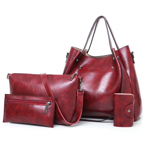 4 Pce PU Leather Tote Shoulder Crossbody Clutch Bag Handbag Purse Set Red Wine