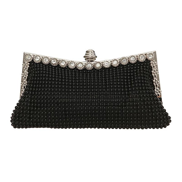 Satin Rhinestone Beaded Wedding Party Evening Clutch Handbag Bag Chain Black