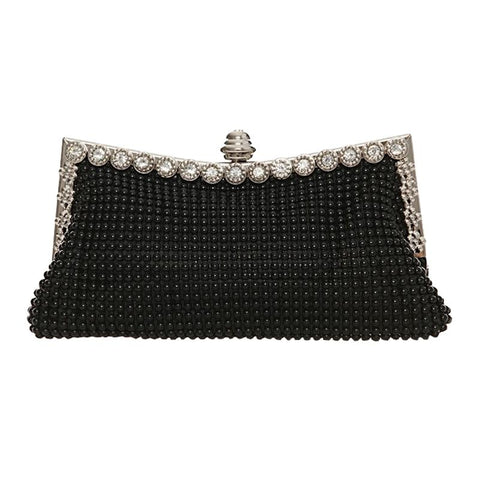 Satin Rhinestone Beaded Wedding Party Evening Clutch Handbag Bag Chain Black
