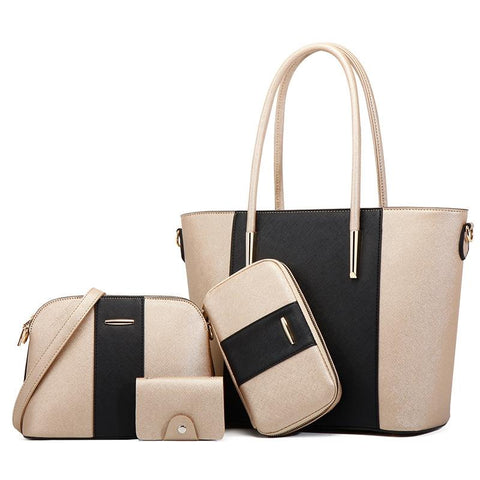 4 Pce Faux PU Leather Tote Shoulder Crossbody Clutch Bag Card Holder Gold Black