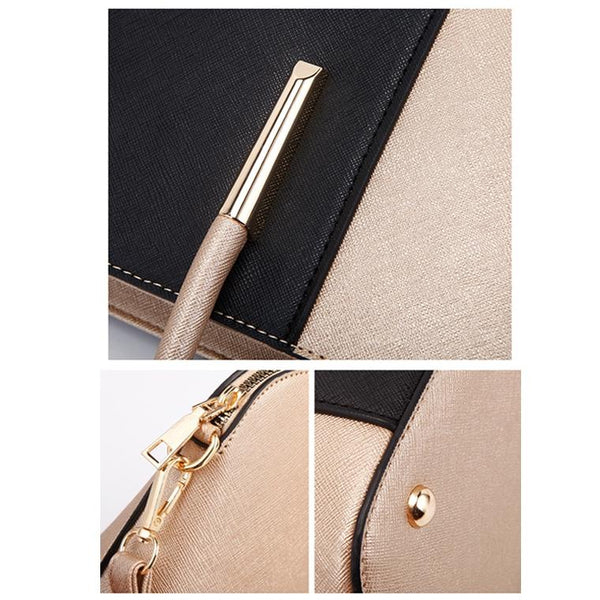 4 Pce Faux PU Leather Tote Shoulder Crossbody Clutch Bag Card Holder Gold Black