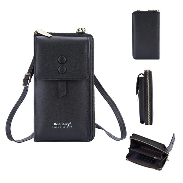 Faux PU Leather Crossbody Shoulder Phone Bag Multi Card Slots Black