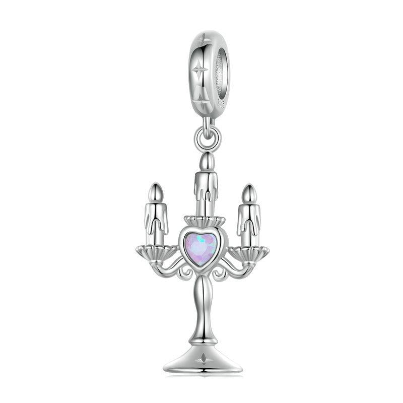 Candlestick Platinum Plated Sterling Silver Opal Look Bead Charm Bracelet Necklace