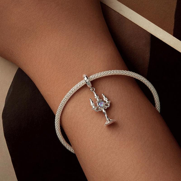 Candlestick Platinum Plated Sterling Silver Opal Look Bead Charm Bracelet Necklace