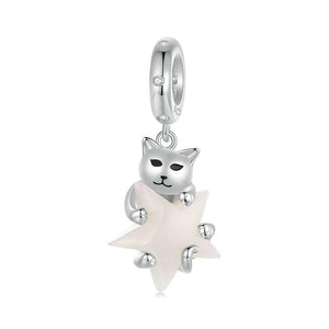 Glow In The Dark Cat Star Sterling Silver Zircon CZ Bead Charm Bracelet Necklace