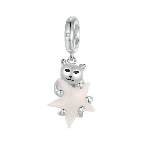 Glow In The Dark Cat Star Sterling Silver Zircon CZ Bead Charm Bracelet Necklace