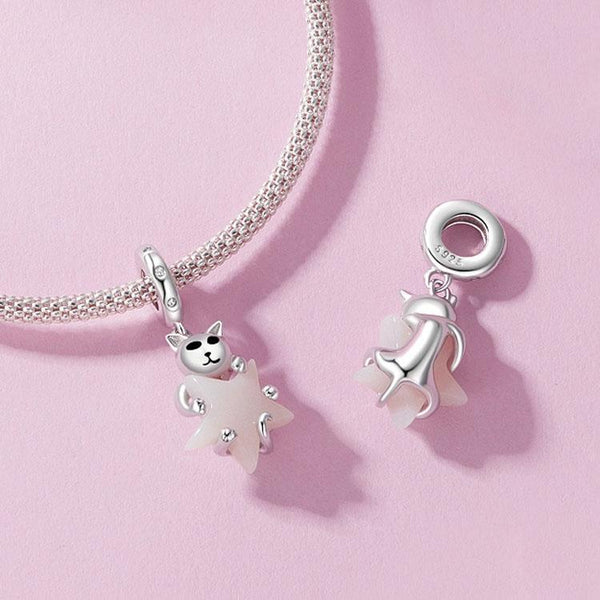 Glow In The Dark Cat Star Sterling Silver Zircon CZ Bead Charm Bracelet Necklace