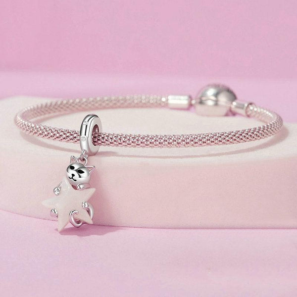 Glow In The Dark Cat Star Sterling Silver Zircon CZ Bead Charm Bracelet Necklace