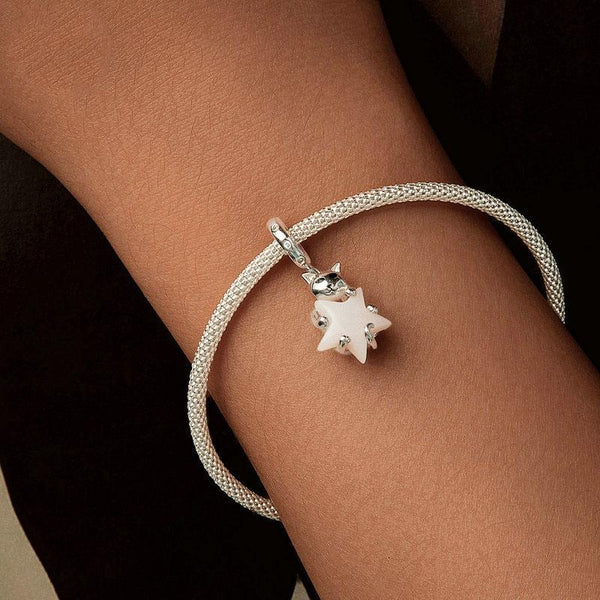 Glow In The Dark Cat Star Sterling Silver Zircon CZ Bead Charm Bracelet Necklace