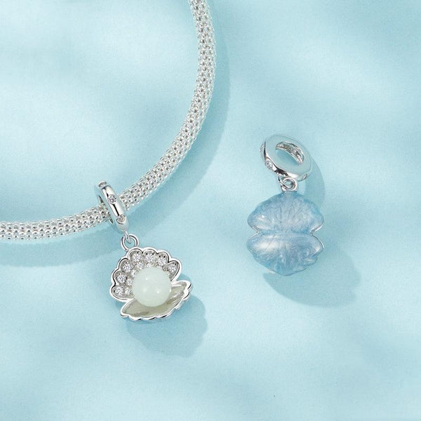 Seashell Pearl Sterling Silver Zircon CZ Bead Charm Bracelet Necklace Pendant