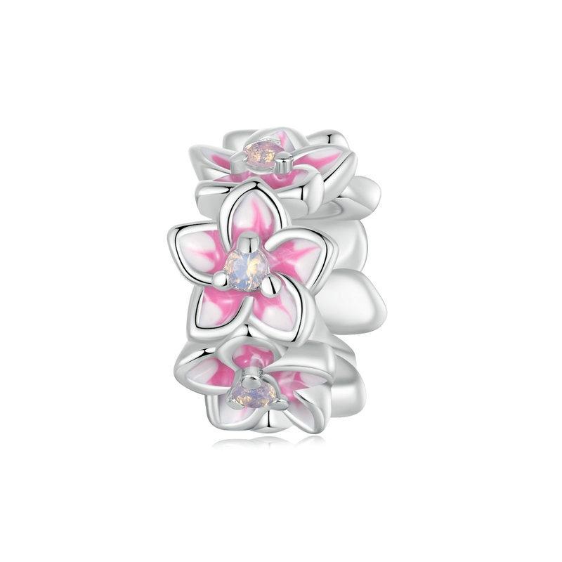 Cherry Blossom Sterling Silver Spacer Bead Charm Bracelet Necklace Pendant