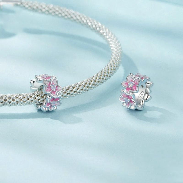 Cherry Blossom Sterling Silver Spacer Bead Charm Bracelet Necklace Pendant