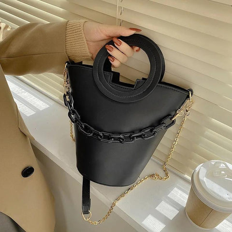 Faux PU Leather Bucket Crossbody Shoulder Bag Chain Feature Black