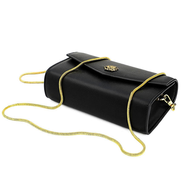 Cowhide Leather Crossbody Shoulder Clutch Bag Handbag Snake Chain Black