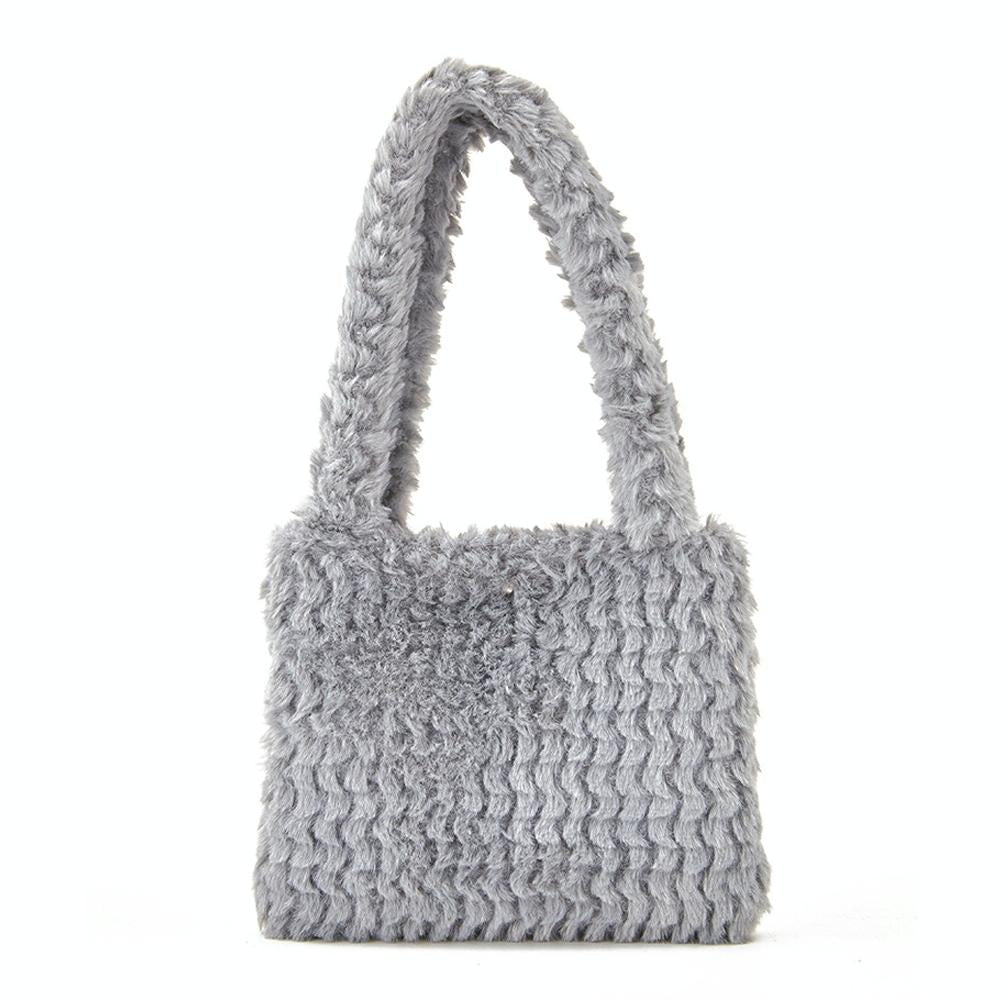 Plush Faux Mink Fleece Small Handbag 17.5 x 13.7cm Light Grey