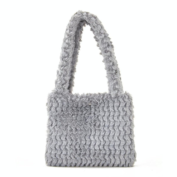 Plush Faux Mink Fleece Small Handbag 17.5 x 13.7cm Light Grey