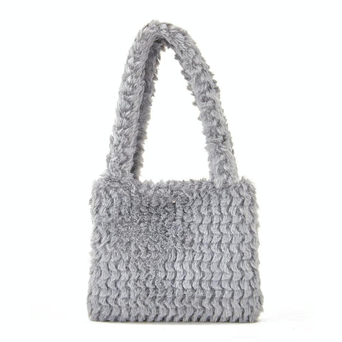 Plush Faux Mink Fleece Small Handbag 17.5 x 13.7cm Light Grey