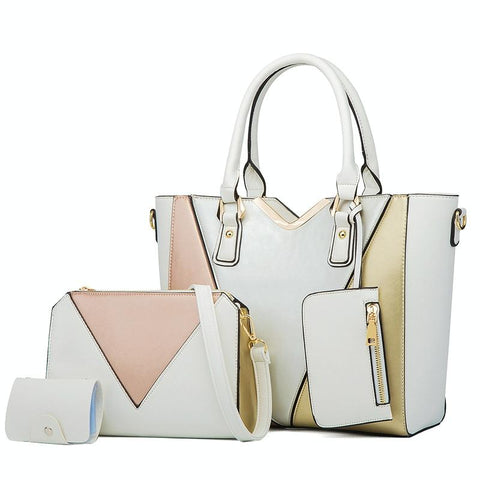 3 Pce Faux PU Leather V Top Diagonal Tote Shoulder Crossbody Bag Card Holder White